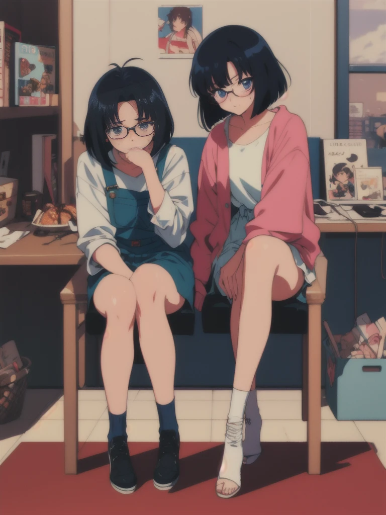 bob cut, black hair, rimless eyewear, mole under eye, solid circle eyes, (full body), 2girl, Embarrassed, (80s anime), sharp