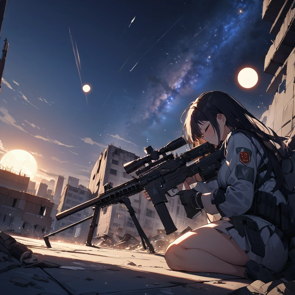 Highest quality, Highest quality, 16K, Unbelievably absurd, Very detailed, delicate and dynamic, Natural light, The particles reflect light, Diffuse reflection of light, Vortex of Light, war zone, bombs blusting around, dark outfield, ruined big city, roof top of ruined building, moon night, milky way, illumination, Create amazing image effects, Upper body close-up, (sole sexy girl, big Firm bust, , powerful, A professional sniper, exhausted, sitting and sleeping on floor with holding M16 auto rifle in arms, swat uniform,)