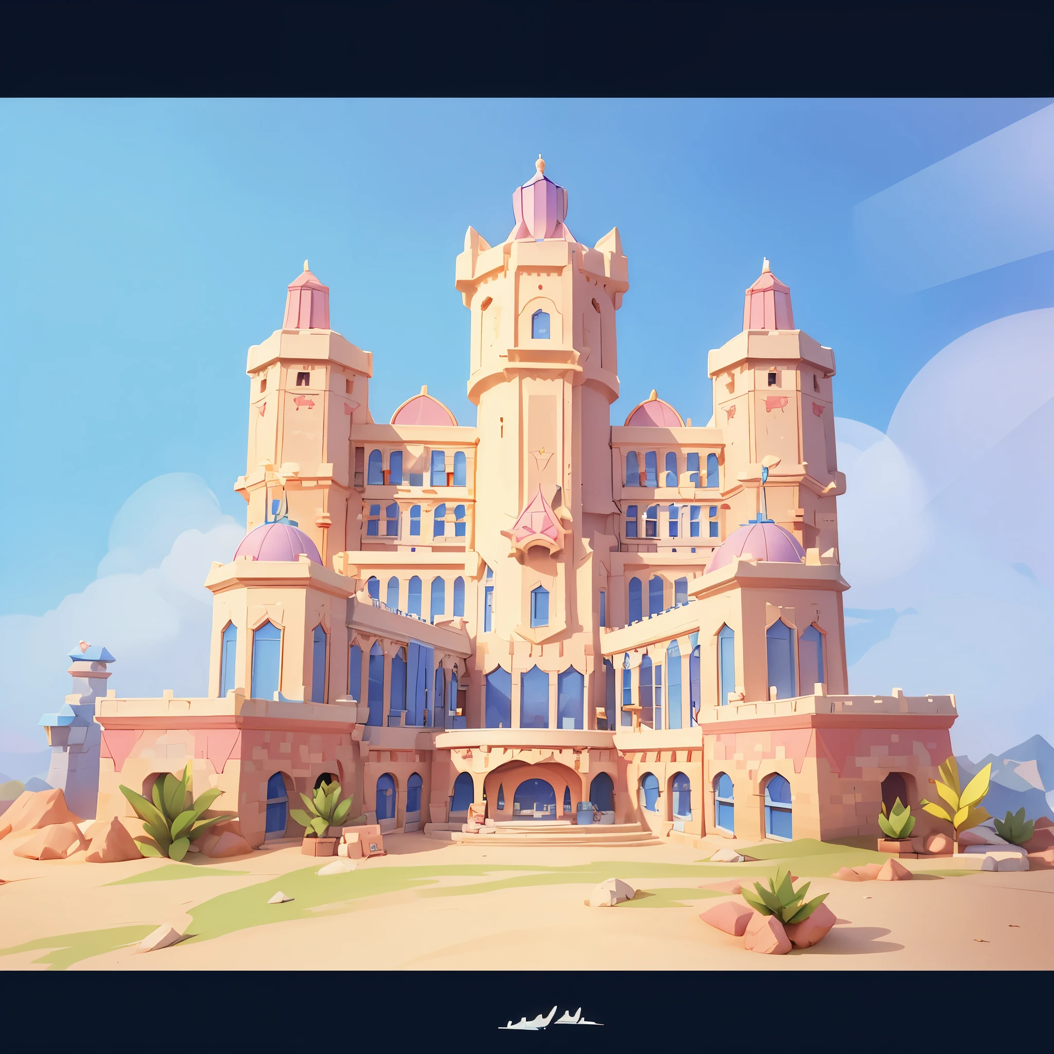 Bright,Warm colors，Cartoon城堡，Front perspective，Front view angle，C4D Architecture，Red Cliff， Castle Cinema Building，Lovely exterior decoration，   Simple game design style，  C4D color rendering model，Top Light，Clean lines，Bright，nice lighting，high tone lighting， Cartoon场景风格，3d 游戏图形，pixelated games，Beautiful original game design，Total control over details，渲染 3d 风格，3d Pixar动画风格，Best quality，chibi,The west，Extremely detailed CG Unity 8K，dramatic，Intricate details，Pixelate graphics，3d,模型 3d 场景，Cartoon，Pixar：