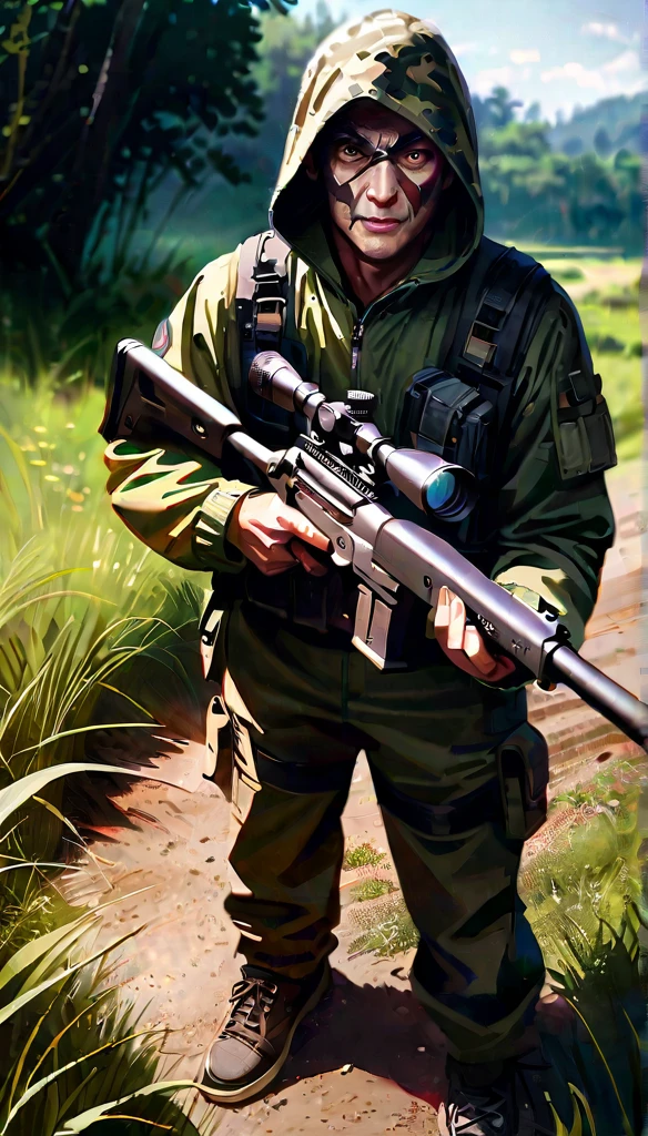 Cowboy shot, beautiful detailed eyes, beautiful detailed lips, extremely detailed eyes and face, longeyelashes, 1girl, female military sniper, holding huge sniper riffle (Snipex Alligator),  realistic, city camouflage, post-apocalitic city, skyscrapers roof, dark moody lighting, dramatic lighting, cinematic, high quality, 8k, ultra-realistic, masterpiece, award winning, photorealistic