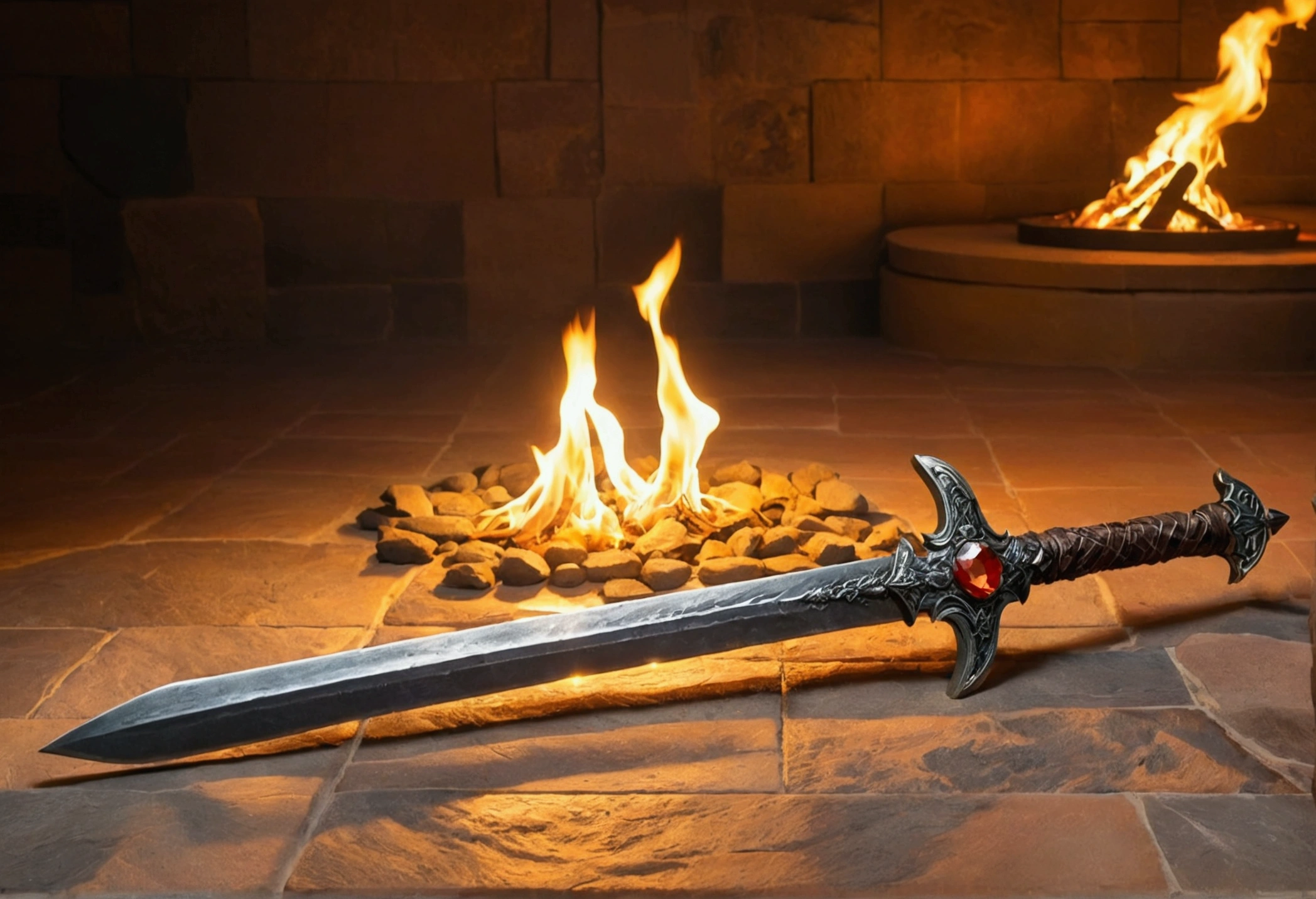 Iron Sword, struck in stone floor, fire on floor, crystal in background