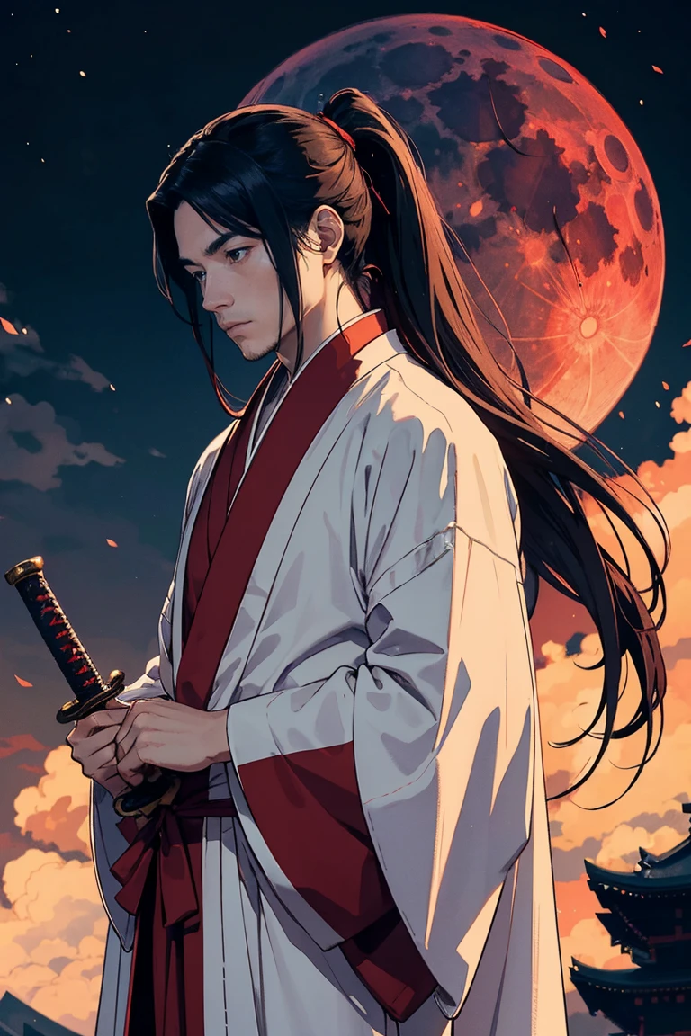 Full red moon in the background, 1man, the man is wearing a japanese robe with his long hair ponytailed, he has his sword drawn out, you can only see a silhouette of him
