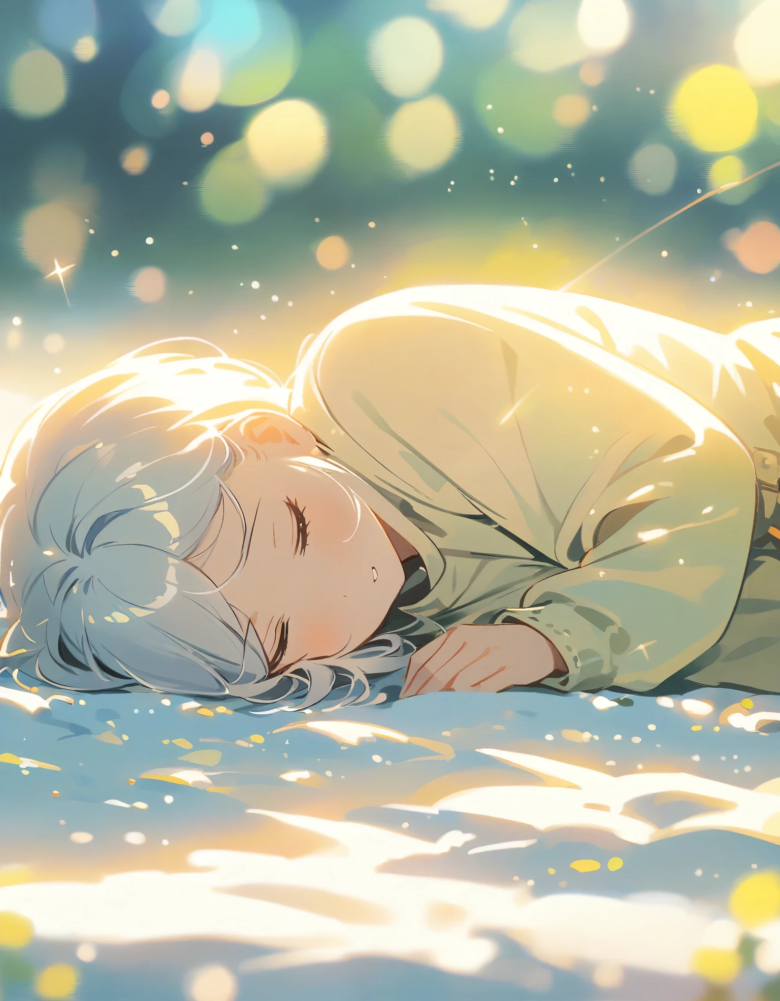 atmospheric perspective, depth of field, cinematic lighting, sparkle, f/2.8, 135mm, UHD, retina, high details, high quality, highres, best quality, 4K、snow、Silver Hair、１People Girls、Please depict the image as white and pale overall.,((Snow Fairy)),((lie down on the snow))