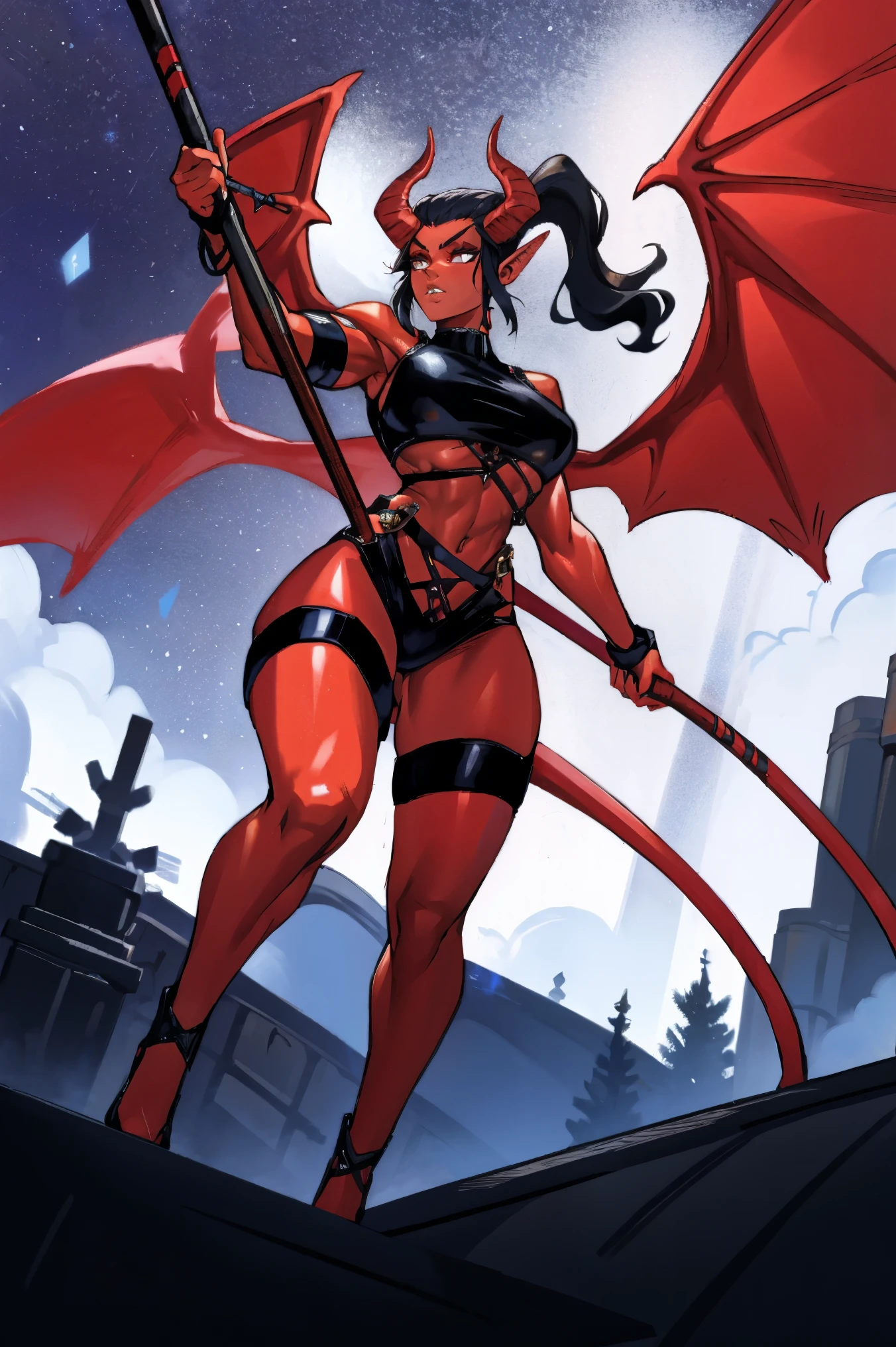 Red skin succubus tiefling, digitigrade legs, full breasts, huge breasts, black horns, wings, huge tail, black leather, crop top, long flowing pelvic curtain, tall, athletic, graceful, thin, long black ponytail. Action scene, whip. Dark scene, explosions, night sky.