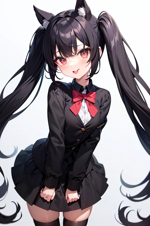 Twin tails、Black Hair、Slanted Eyes、Round eyes、pretty girl、Spoiled brat、Little devil、uniform、Thin chest、Sticking out tongue、skirt
