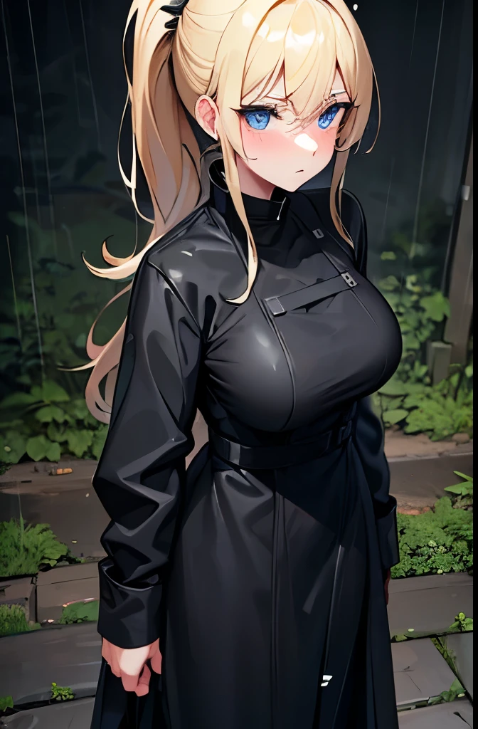 blonde,ponytail,He is wearing a long black raincoat over a tight black suit.,blue eyes,Large Breasts,thin,Serious face,blush,rain,forest,night,Downward,Gloomy face,Full body image