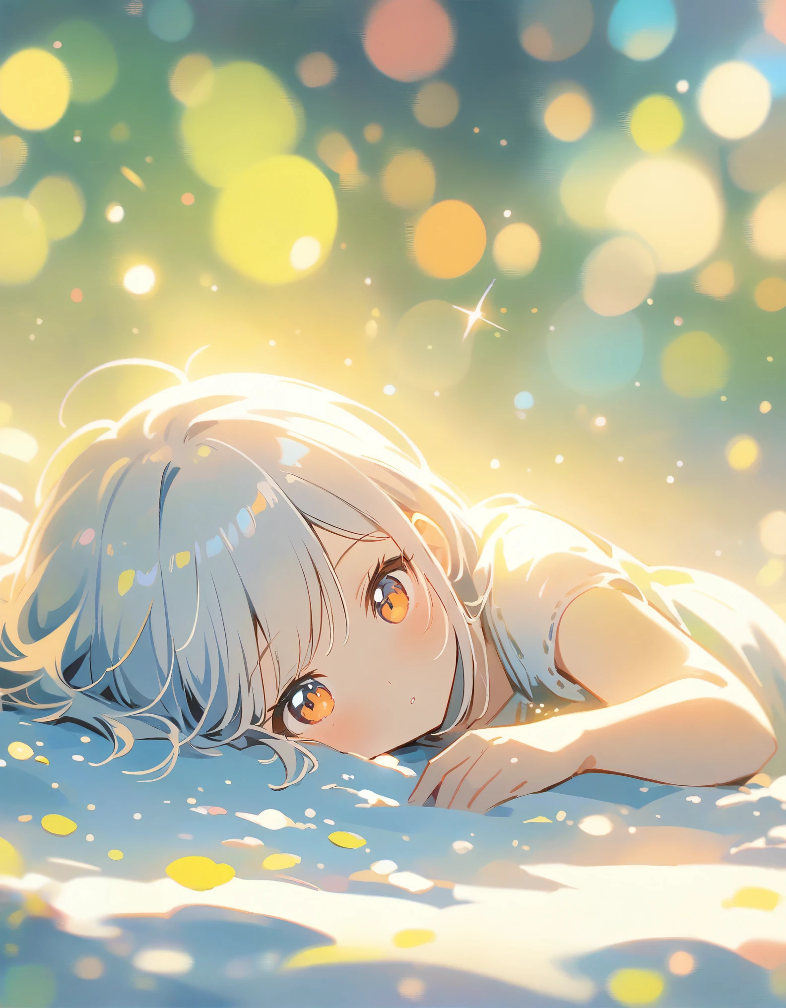 atmospheric perspective, depth of field, cinematic lighting, sparkle, f/2.8, 135mm, UHD, retina, high details, high quality, highres, best quality, 4K、snow、Silver Hair、1People Girls、Please depict the image as white and pale overall.,((Snow Fairy)),((lie down on the snow))