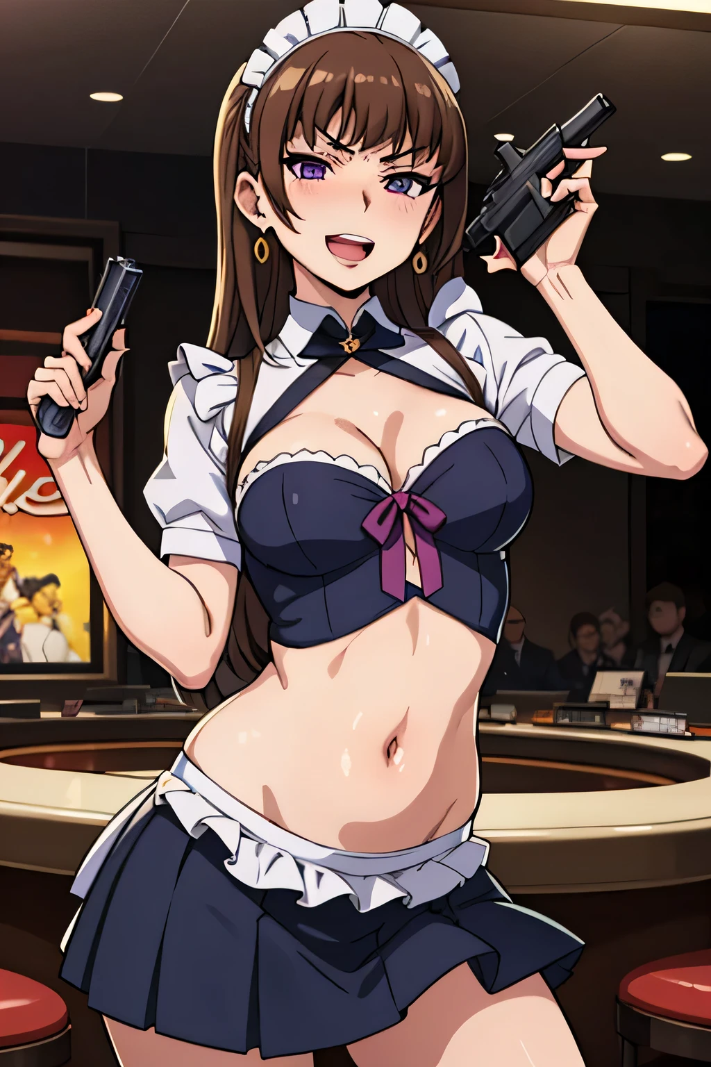 risaoneechan, risa oneechan, long hair, bangs, (brown hair:1.2), (purple eyes:1.2), smile,
blush, lipstick, long hair, crazy eyes ,Hot girl, baddie, staring, glaring, bad attitude, mean girl, dare, angry, hate, crazy, smoking, sensual, attractive, jewelry, earrings, complex detailed background, casino environment, fancy interior environment, rich
interior, masterpiece, best quality, highly detailed, a anime girl in maid uniforms, holding pistol, maid
outfit, cleavage, evil smile, smile, open mouth ,ecchi anime style, anime girls, ecchi style, ecchi, digital
anime art!!, in anime style, official artwork, (nsfw) not safe for work, beautiful anime maid girl, anime
style 4 k, micro skirt, exposed belly, exposed navel, exposed midriff, exposed lower belly, holding a gun