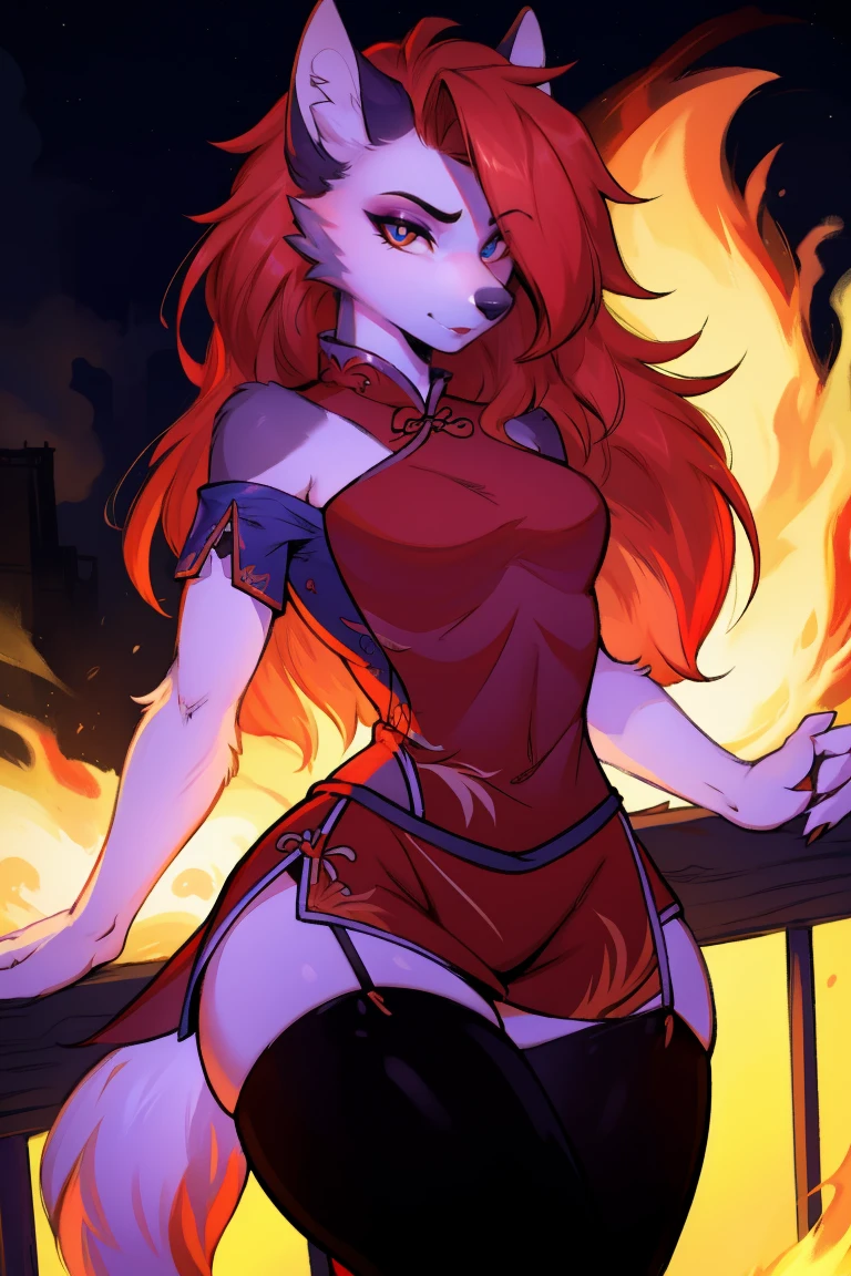 Wolf_girl,Beautiful figure,Height 193 cm,Flame Spirit, Long flowing red hair, Eye闪着红光,close_up, (Fiery red Chinese cheongsam:1.2),淡淡的Smile, Mature body,masterpiece,best quality,Official Art,illustration,Clear lines,(Cool_color),Perfect composition,ridiculous,fantasy,detailed_Eye,leggings,Fluffy_fur,rings,Upper Body,garter,颈garter,(perfect eye:1.5),Smile,(front:1.5),(Hair:1.5),Long eyelashes,Flowing Chiffon,Well-proportioned body,(Thick thighs:1.1),Perfectly detailed facial features,masterpiece, best quality, Ultra-high quality, ridiculous细节,(best quality,4K,8K,high resolution,masterpiece:1.2),ultra-detailed