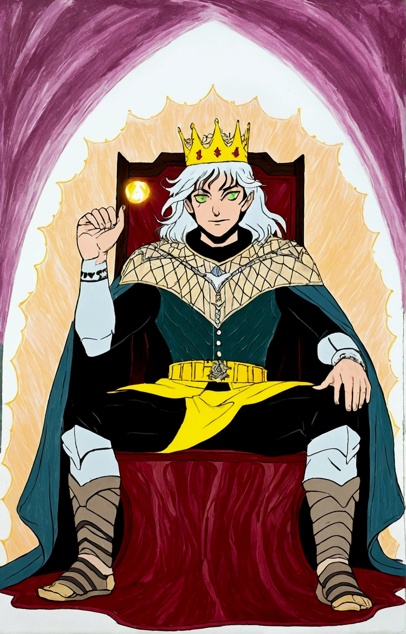 Young human long silver haired man, green eyes and white skin, with a dark mint green light scaled clothing, a silver headdress on the chest and a dark gray cape, sitting in a mocking and threatening manner, on a throne, emanating a golden and sacred aura behind him with a sinister look and evil smile while blood falls on his head, while knights kneel before him and a king lies dejected on the ground, with a sorcerer's staff, anime style regicide
