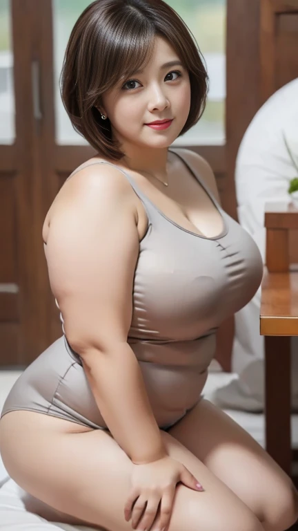 (8K, best quality, masterpiece, Golden Ratio Composition,:1.3, Panoramic view, Full body picture), (40 years old plump Japanese woman in hotel), (90 kg obese body), (Wearing a turtleneck :1.2), (Legs close-up), (Black tights), (Snow-white long legs), (Huge breasts), (No upper body exposed), (Cropped pants), (穿着Black tights), Soft face line, Gentle and beautiful, (Silver short hair),