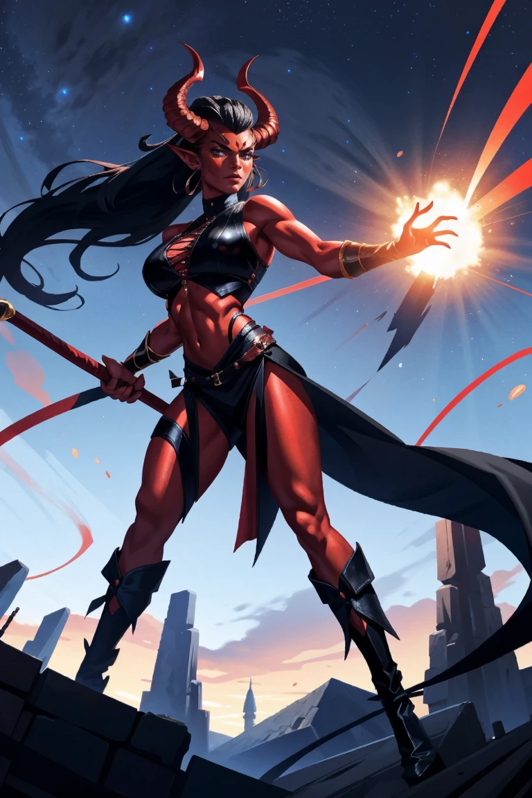 Red skin succubus tiefling, medium breasts, black horns, wings, huge tail, black leather, crop top, long flowing pelvic curtain, tall, toned, graceful, thin, long black ponytail. Action scene, whip. Dark scene, explosions, night sky.