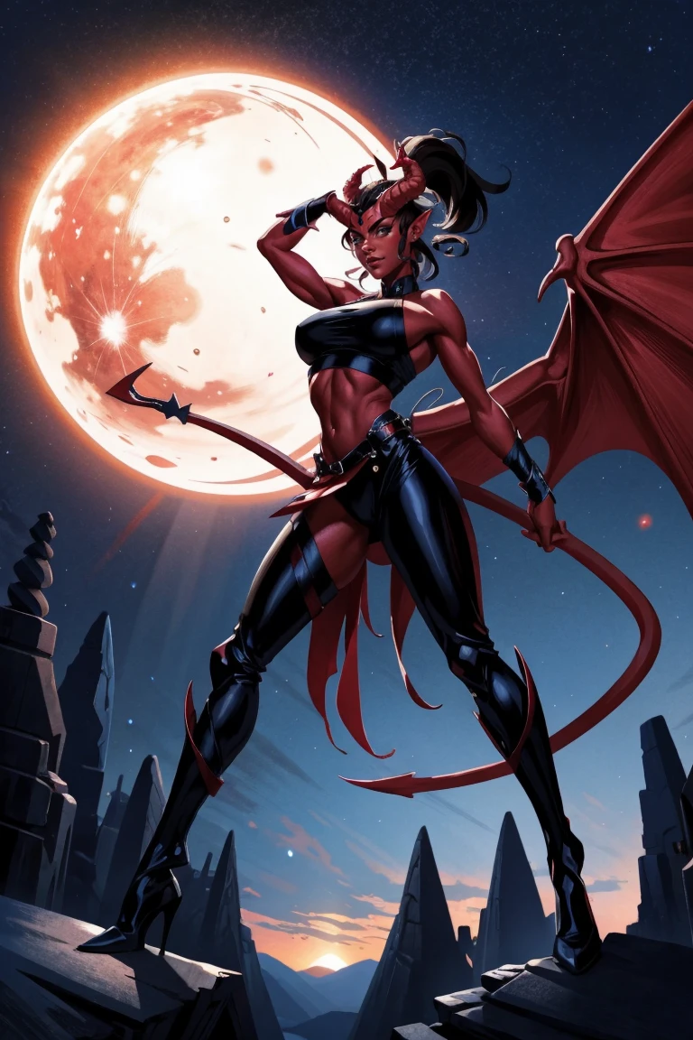 Red skin succubus tiefling, digitigrade legs, full breasts, huge breasts, black horns, wings, huge tail, black leather, crop top, long flowing pelvic curtain, tall, athletic, graceful, thin, long black ponytail. Action scene, whip. Dark scene, explosions, night sky.