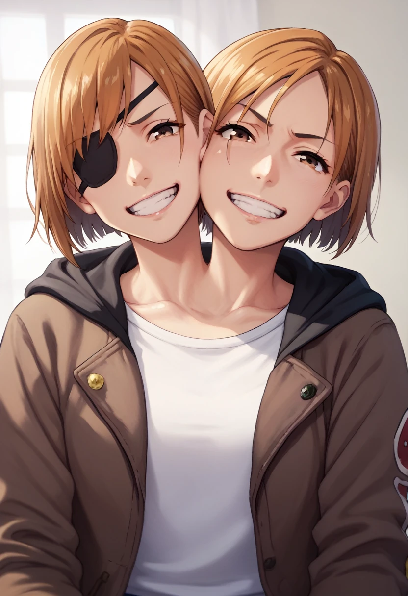 Two heads, conjoined, black eye patch, Nobara, 1girl,solo,looking at viewer,smile,short hair,bangs,brown hair,brown eyes,,jacket, half-body,teeth,grin,swept bang,gakuran,nail,kugisaki nobara 