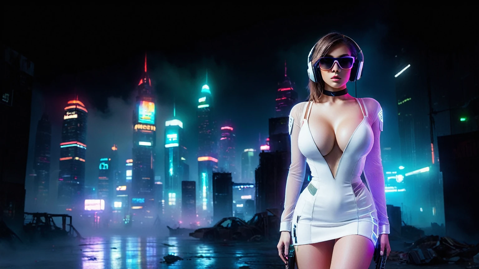dark futuristic landscape, at night, neon lights, Atmospheric fog, large buildings in the background, futuristic city, streets with open shops, skyscraper (postapocalyptic city:1.3). (((1girl, solo, alone))), large-breast:1.2 slim body, cleavage:1.1, sexy miniskirt, (((headphone, black sunglasses, standing and holding pistol pose))), (((half-body thigh level medium shot))), cinematic lighting, lens flare, ray tracing.