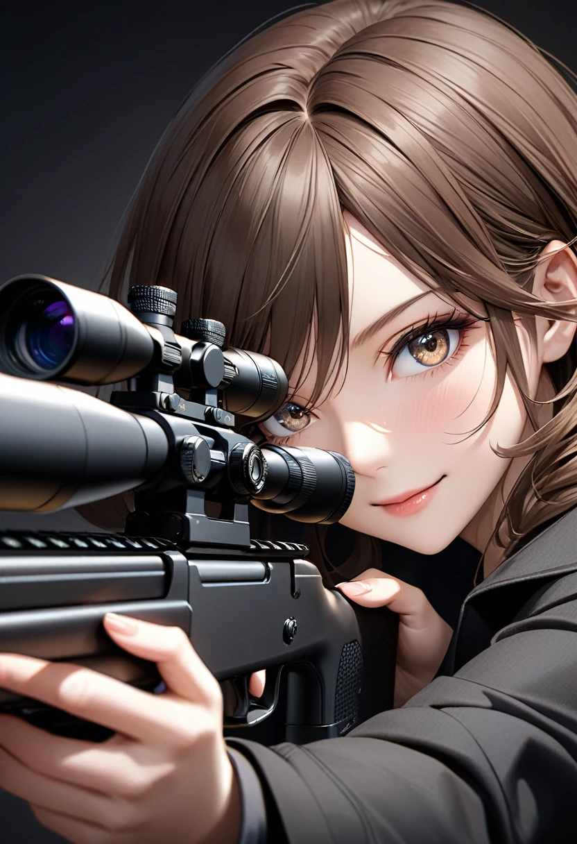 ( perfect anatomy )Anime charming beautiful girl dynamic sniper, A brown-haired woman wearing a black trench coat is a sniper aiming a gun at her prey. ( perfect anatomy ) Dynamic pose detailed face. realistic eyes. The face and eyes are very detailed. delicate skin.、delicate skin texture smile,

                   Black trench coat dark shadow background, Black Soft Light, Professional photography master&#39;artwork, texture, complicated, Clear, High-quality masterpieces，

                        Extremely complicated and exquisitely detailed, Super detailed, Super detailed digital art 
