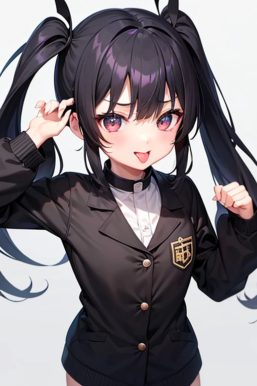 Twin tails、Black Hair、Slanted Eyes、Round eyes、pretty girl、Spoiled brat、Little devil、uniform、Thin chest、Sticking out tongue