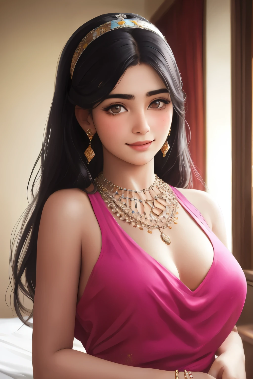 Afghan duchy girl, (18 years old), in the hotel, morning, pool, necklace, joyful expression, (face and skin details), (masterpiece, best quality, highly detailed, hyper realistic)