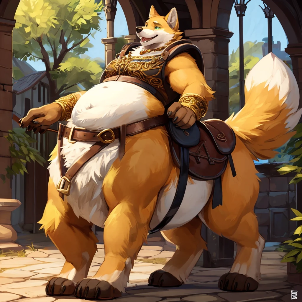 4k ultra quality, 4k full body view,ultra high detailed body,singo person,foxtaur, detailed body, (ultra detailed belly), white belly fur,big belly, ((round taur belly)), enormous taur belly, enormous taur body, bulge,by mystikfox61, by glitter trap boy, by bebebebebe,by morethreedee, by seibear,(thick thigh),(chubby thigh),thicc thigh,thick legs,chubby legs,thicc legs,massive butt,enomorous thigh,massive thigh,massive legs,(detailed thigh),(wide thigh),thick butt,fluffy belly,furry belly,sharp nails,((sfw)),(ultra detailed face),ultra detailed eyes,cute face,green eyes,(golden fur),mouth open,big tail,fluffy tail,(detailed tail),enomorous tail,front view,bigger tail,huge tail,immobile taur,enomorous thigh,fluffy paws,detailed paws,thick paws,chubby paws,huge paws,big paws,(black paws),bare paws,ornate belts,ornate necklace,golden bracelet,leather belts,multiple belts,ultra big bulge,huge bulge, saddle bags,ornate saddle,saddle packs,big packs,mediaeval town,mediaeval style,treader