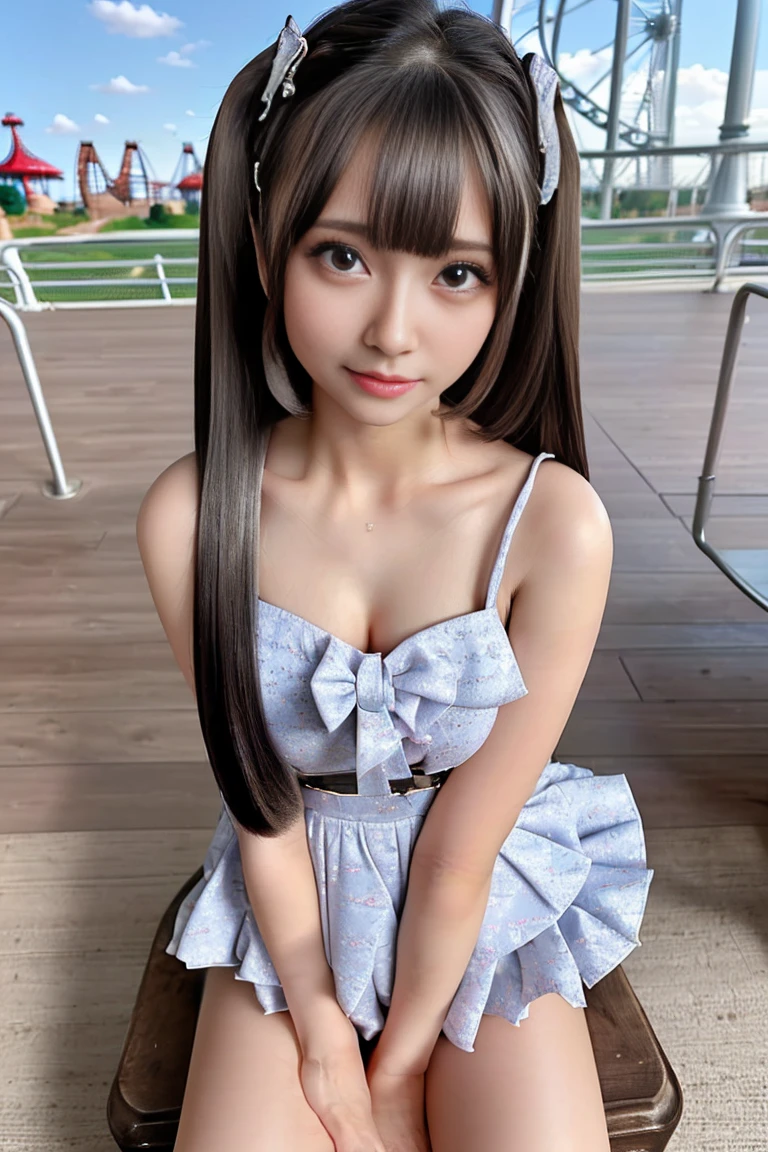 (masterpiece,best quality:1.4),Small Animal System,foreshortening,(8k,raw photo,photo realistic:1.2),realistic:1.4,anatomically correct,accurate,textured skin,shiny skin,shining hair,detailed skin,detailed face,detailed eyes,1girl,(((Japanese cute idol))),Intensely cute:1.3,small face (of a woman),cute face,(Very beautiful and clear baby skin detail,Realistic skin),(Very detailed eye sparkle:1.3),(Very detailed,Naturally breasts,,drooping eyes:1.4,),,(Very detailed Clear and beautiful breasts,),(Very detailed A happy girl, deep-tanned skin, 1 girl,),(Very Detailed long silver hair,Mine Trendy Clothing,minefield fashion,Mine makeup,accessories,Mine hairstyles,Fluttering ruffle mini skirt,Emphasis on the bosom),(Very detailed Ferris wheel at an amusement park,safari park),(Very clear and beautiful background details:1.6,Realistic and accurate background:1.2),(Very detailed,,online shopping,LUMINE® Market,),upper body,pussy line:1.3,Front view:1.6,Taken from directly below:1.5,embarrassment:1.3,low angle:1.5,low position,Very detailed show panties:1.5,nsfw,(Sitting with Knees Up on chair, spread legs:1.2),(cowgirl position, open legs:1.3),POV,