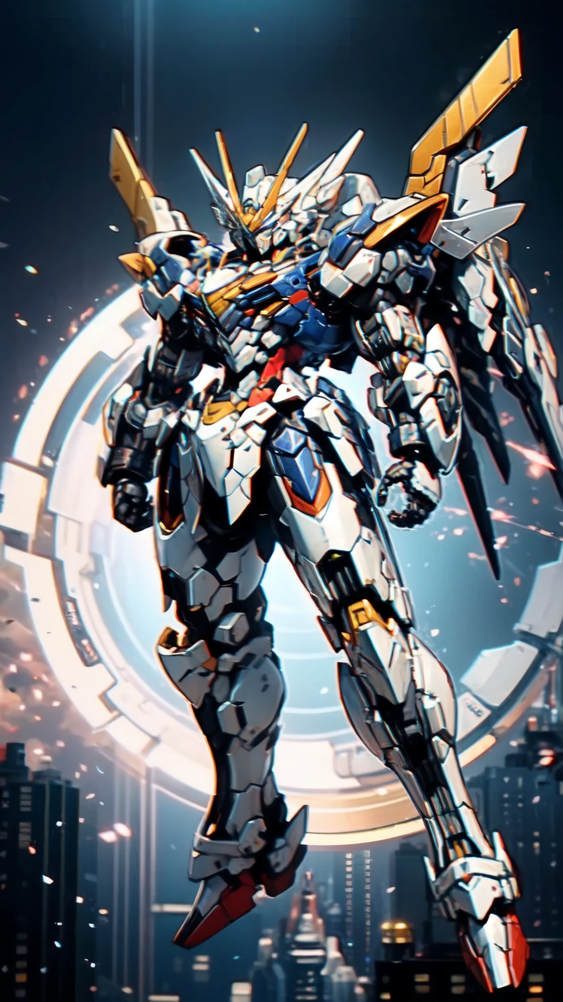 (masterpiece:1.5, best quality:1.5, extremely delicate:1.5), humanoid Mecha, fully enclosed shoulder guards, matching arm and leg guards, full body, full armor, the design balances heavy with agility, (the color scheme is primarily white with red and blue accents, the concept Inspired by Super robot, organic biotech armor, standing, floating high above the futuristic sci-fi city), exquisite and mature art style, (aura effect, energy, glowing eyes, the armor glows), ((SRS)), metallic, dramatic, high definition, highres, ultra-detailed, ultra-fine painting, professional, perfect body proportions, anatomically correct, symmetrical face, extremely detailed eyes and face, high quality eyes, creativity, RAW photo, UHD, 32k, Natural light, cinematic lighting, masterpiece-anatomy-perfect