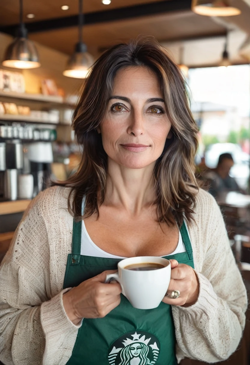 beautiful 40-year-old woman, dark brown hair wavy, medium sagging breasts, almond-shaped eyes, holding a steaming cup of coffee in Connaught Bar, in London, mischievous look