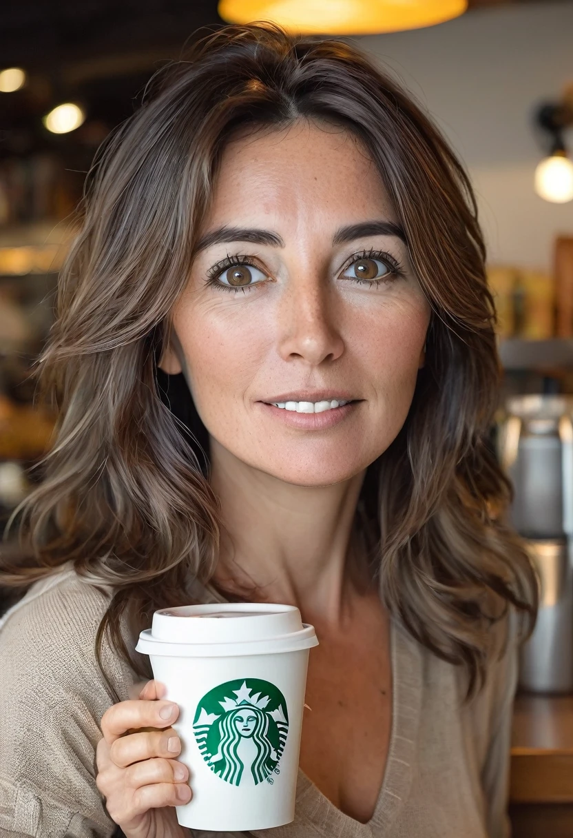 beautiful 40-year-old woman, dark brown hair, medium sagging breasts, almond-shaped eyes, holding a steaming cup of coffee in a Starbucks, mischievous look