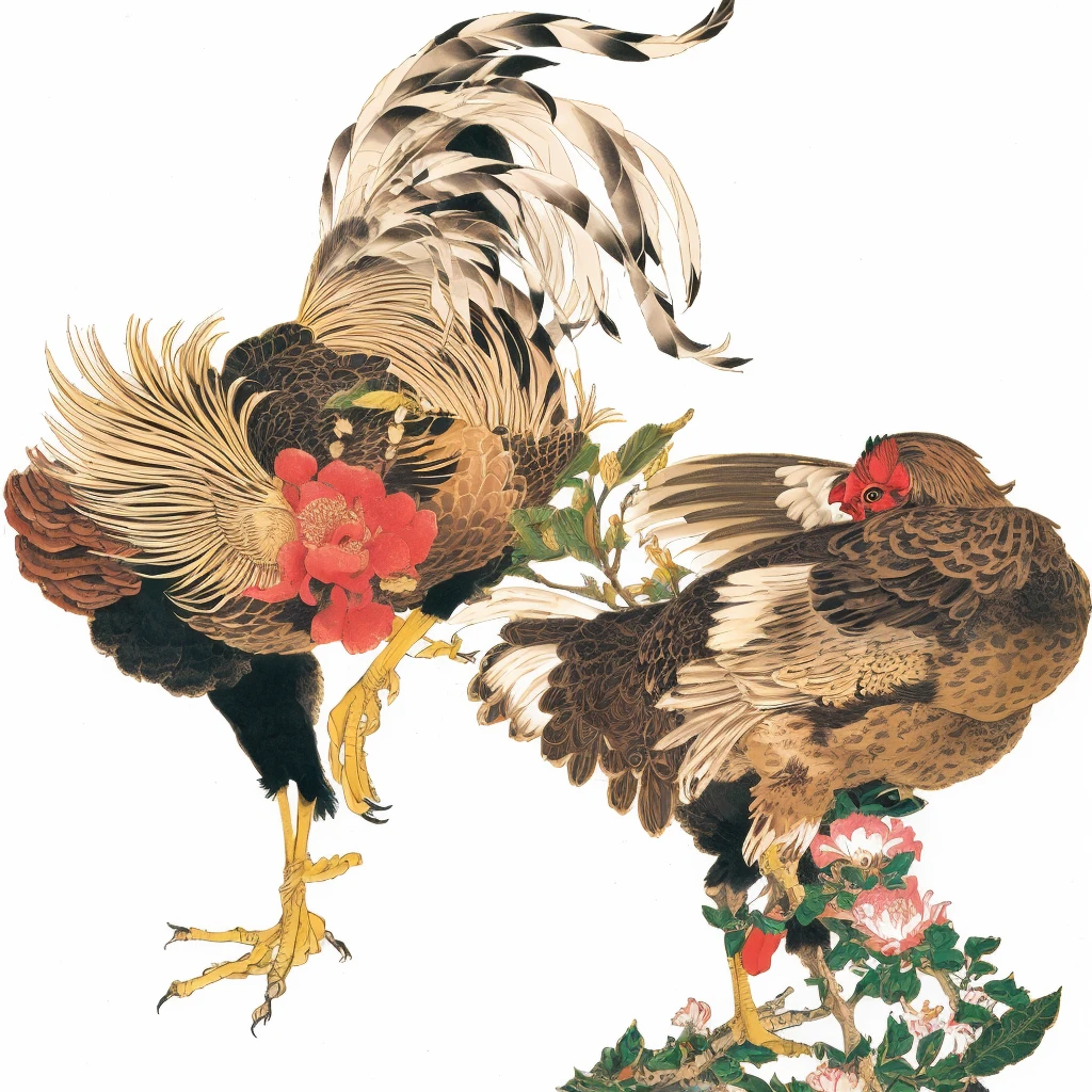 Two roosters standing on a flowering branch, by Kameda Fusai, by Shiba Kōkan, Written by Kano Tan'yū, By Kōno Michisei, by Eisai Nagaki, by Kyosai Kawanabe, by Chunkosai Hokushu