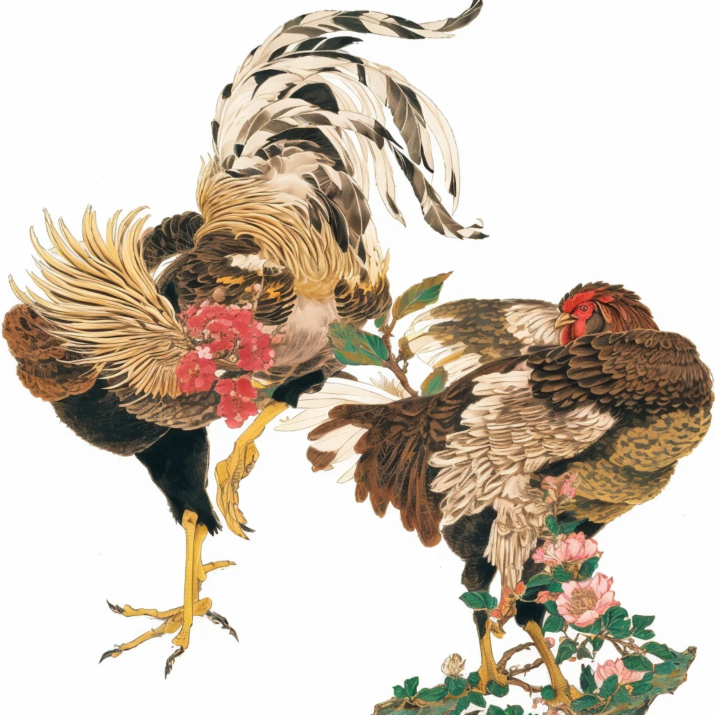 Two roosters standing on a flowering branch, by Kameda Fusai, by Shiba Kōkan, Written by Kano Tan'yū, By Kōno Michisei, by Eisai Nagaki, by Kyosai Kawanabe, by Chunkosai Hokushu