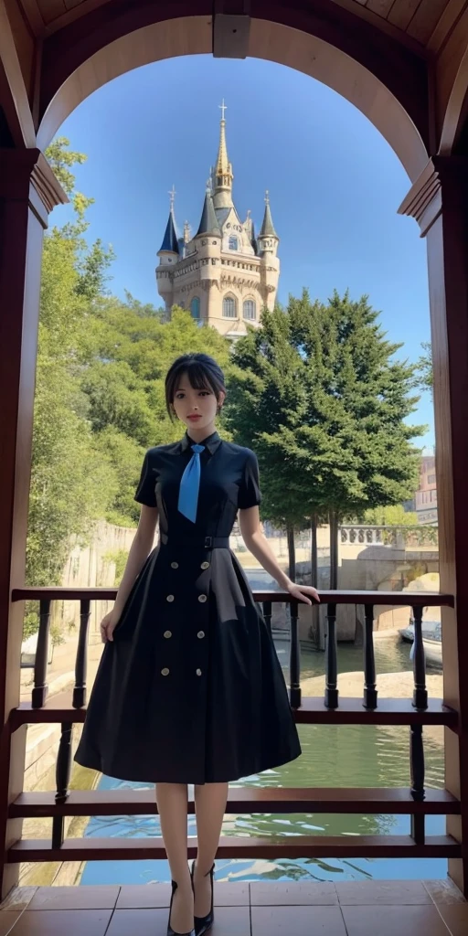 1girl,bangs,black_hair,blue_sky,bridge,building,castle,city,cityscape,cloud,day,dress,looking_at_viewer,outdoors,red_neckwear,red_ribbon,ribbon,river,short_hair,short_sleeves,sky,skyscraper,solo,standing,town,water,(masterpiece,anime,newest,new,exceptional:1.2),