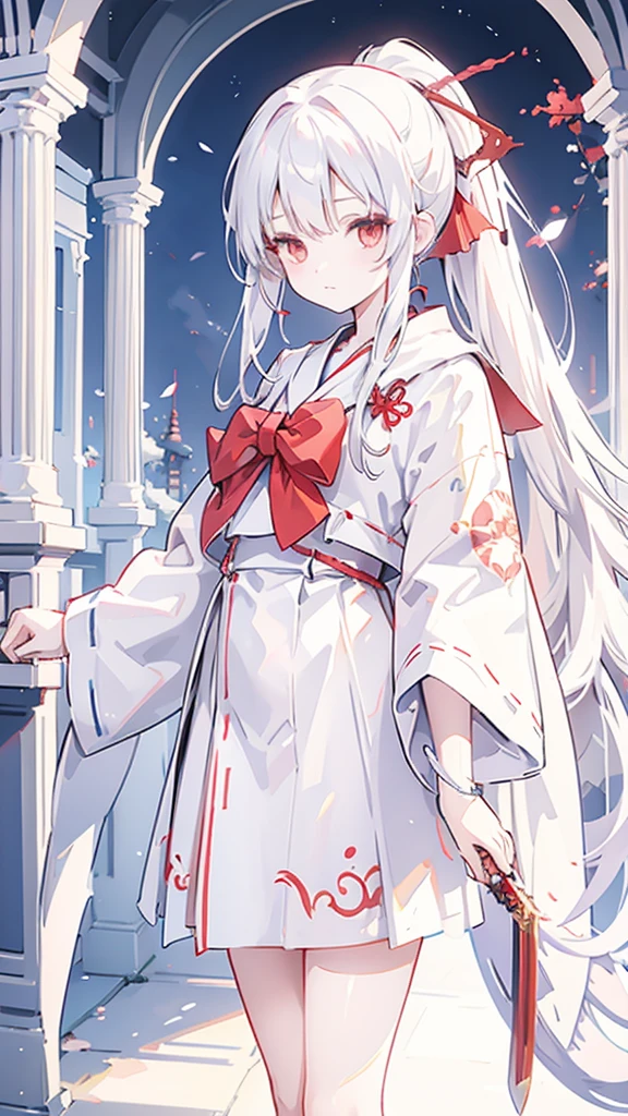 Girl Shrine Maiden White Hair Red Eyes Sword Standing Illustration Ephemeral Ponytail