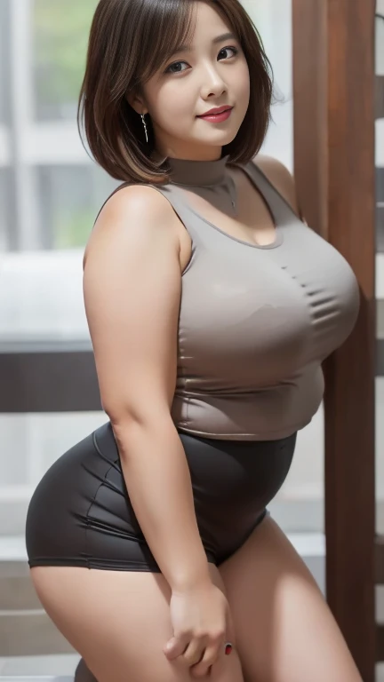 (8K, best quality, masterpiece, Golden Ratio Composition,:1.3, Panoramic view, Full body picture), (40 years old plump Japanese woman in hotel), (90 kg obese body),  (Wearing a turtleneck :1.2), (Legs close-up), (Black tights),  (Snow-white long legs),  (Huge breasts), (No upper body exposed),  (Cropped pants), (穿着Black tights), Soft face line, Gentle and beautiful, (Silver short hair),