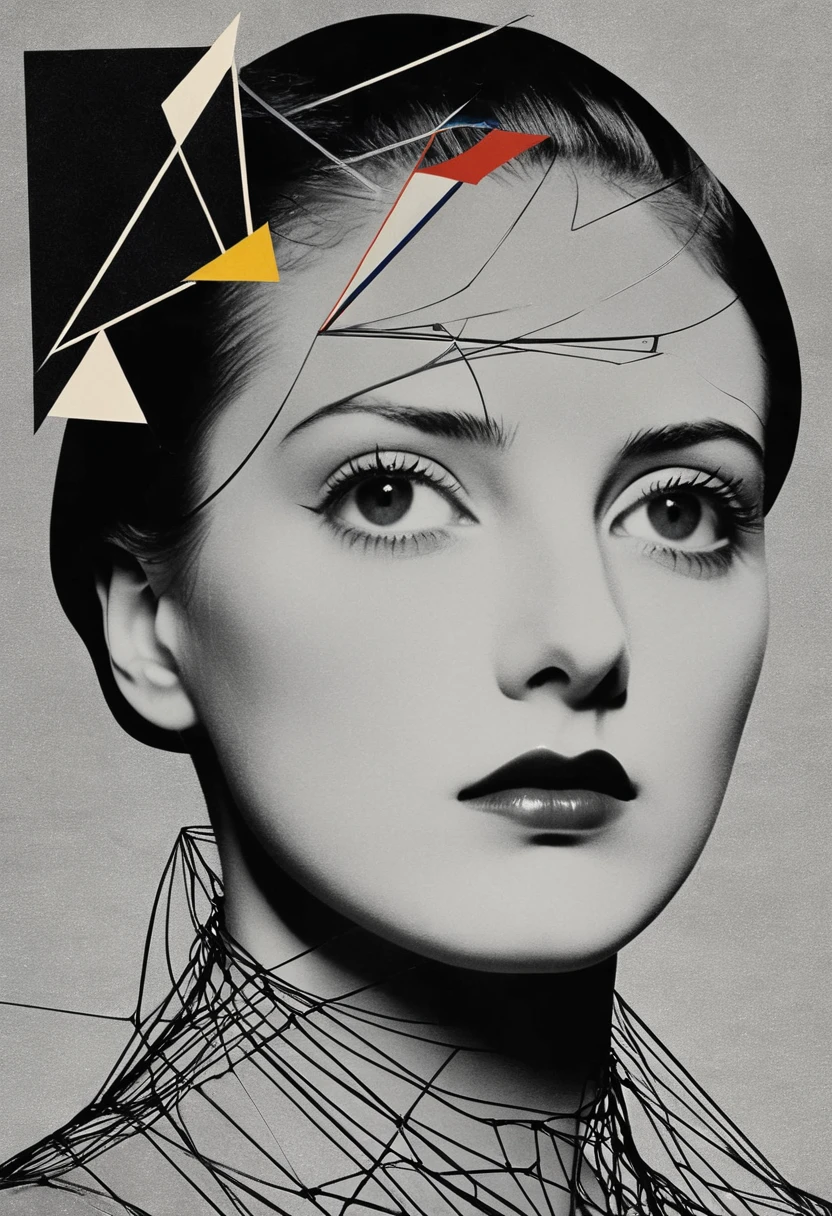 Man Ray:dadaist。Minimalist geometry,Multi-layer collage,Irregularly cropped photos to create a collage,Gray empty,( Dark Fantasy Posters:1.1), masterpiece, best quality, 1 Girl, (Bauhaus, shape, Wire, Abstract:1.1)