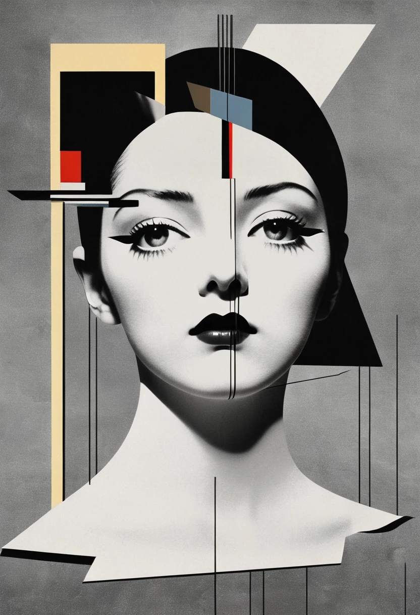 Man Ray:dadaist。Minimalist geometry,Multi-layer collage,Irregularly cropped photos to create a collage,Gray empty,( Dark Fantasy Posters:1.1), masterpiece, best quality, 1 Girl, (Bauhaus, shape, Wire, Abstract:1.1)