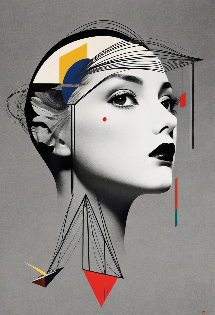 Man Ray：dadaist。Minimalist geometry，Multi-layer collage，Irregularly cropped photos to create a collage，Gray empty，( Dark Fantasy Posters:1.1), masterpiece, best quality, 1 Girl, (Bauhaus, shape, Wire, Abstract:1.1)