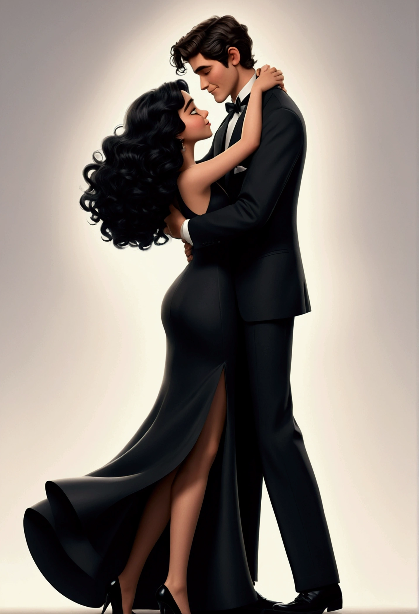 Pixar style images I want a 20-year-old boy with black, wavy hair and black formal attire hugging a 22-year-old girl with wavy black hair, wearing a long black dress and heels and who are of medium height 