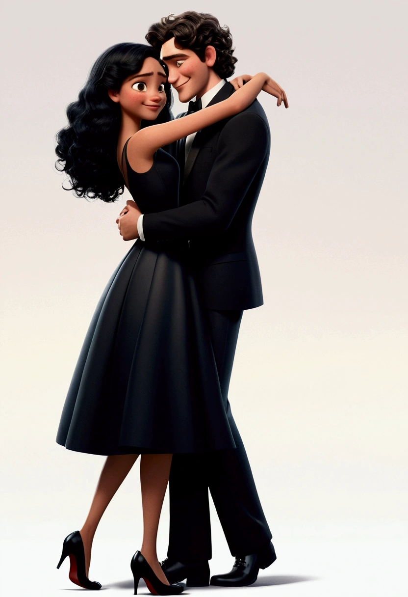 Pixar style images I want a 20-year-old boy with black, wavy hair and black formal attire hugging a 22-year-old girl with wavy black hair, wearing a long black dress and heels and who are of medium height