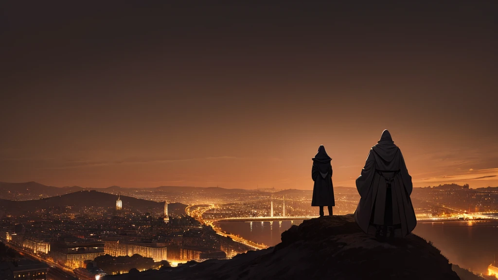 man, adult, average height, backwards, Hooded coat, looking at an ancient city from the medieval age as night falls.