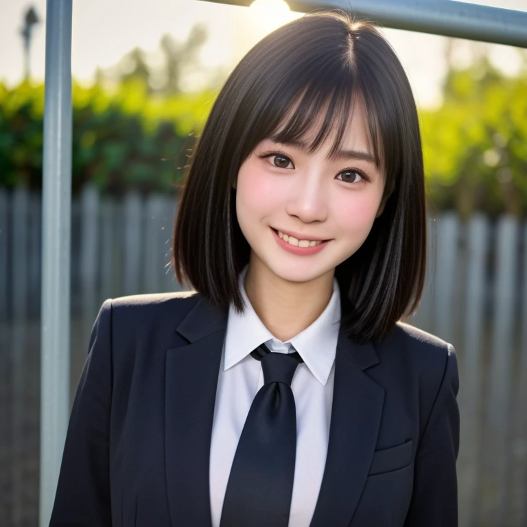 (kawaii 18 year-old Japanese girl, Nogizaka idol, Korean idol, highschool student), healthy female athlete body, (glossy black hair, very short hair, pixie cut, bangs:1.2), beautiful black eyes, rounded face, single eyelid, (no makeup:1.2), (big laughing), (recruit suit jacket, collared shirt, necktie, plaid skirt, glasses), extra small breasts, BREAK, (school entrance gate background, summer, sunny daytime:1.2), (dynamic angle, bust shot:1.2), BREAK, (masterpiece, best quality, photo realistic, official art:1.4), (UHD, 8K quality wallpaper, high resolution, raw photo, golden ratio:1.3), (shiny skin), professional lighting, physically based rendering, award winning, (highly detailed skin texture, extremely detailed face and eyes textures), Carl Zeiss 300 mm F/2.8, depth of field, (1girl, solo),