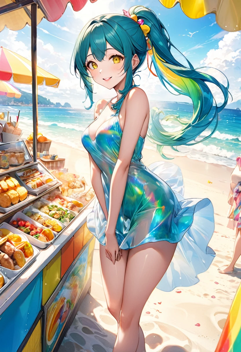 (full body, pov style), (solo:2, 15 yo, ponytail green blue hair long hair cute girl, cute yellow eyes, love smile, happy smile, glossy lip, sexy medium tits), (in a summer one piece dress), break, in the Beach food stalls, background Double Exposure beautiful ocean and beautiful rainbow, BREAK, perfect anatomy, masterpiece, best quality, 16k, beautiful detailed love, sexy, daydreaming expression.