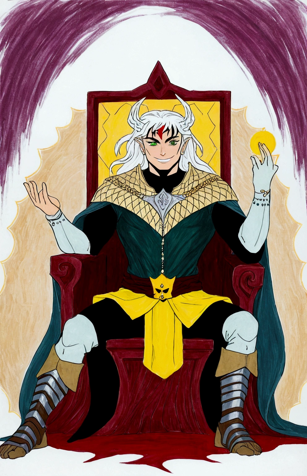 Young human long silver haired man, green eyes and white skin, with a dark mint green light scaled clothing, a silver headdress on the chest and a dark gray cape, sitting in a mocking and threatening manner, on a throne, emanating a golden and sacred aura behind him with a sinister look and evil smile while blood falls on his head, while knights kneel before him and a king lies dejected on the ground, with a sorcerer&#39;s staff, anime style regicide