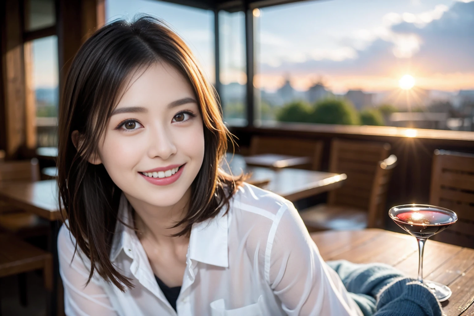 ((Highest quality、8k、masterpiece:1.3))、Shortcuts、cute、slimカップル、modelカップル、actress男優、(Realistic, Intricate details:1.2), full-course dinner、wine 、Amazing view of the sunset sky and clouds、A bright smile、short hair,Bright Face、 (45 years old), 42 years old, 赤wine 、Appetizers、Italian food、wine bottle、Champagne、スパークリングwine、Two beauties、Brown Hair、Shortcuts、Long sleeve shirt、dress、Beautiful woman 1, (slimな顔), (The body is slim), (Brown Hair), (Shortcuts), cheeks turn a little red,Attractive beauty、restaurant, In a prominent place (From the waist up) Nova Frog Style, actress, model, Upper Body, 白wine, slim, wineグラス, 中央に置かれたwineグラス, smile, (smile: 1.15), Beautiful fine grain, Depth f/2,saturation, High Contrast, Strong light and shadow,Moist Body:1.5、3D texture、Delicate eyes、Brown Hair、The hair is very shiny、