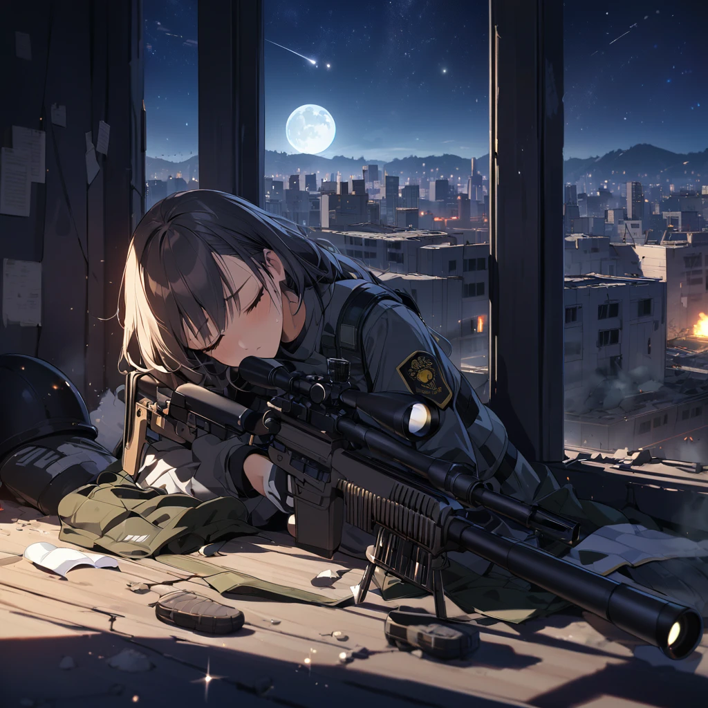 Highest quality, Highest quality, 16K, Unbelievably absurd, Very detailed, delicate and dynamic, Natural light, The particles reflect light, Diffuse reflection of light, Vortex of Light, war zone, bombs blusting around, dark outfield, ruined big city, roof top of ruined building, moon night, milky way, illumination, Create amazing image effects, Upper body close-up, (sole sexy girl, big Firm bust, , powerful, A professional sniper, exhausted,  sitting and sleeping on floor with holding M16 auto rifle in arms, swat uniform,)
