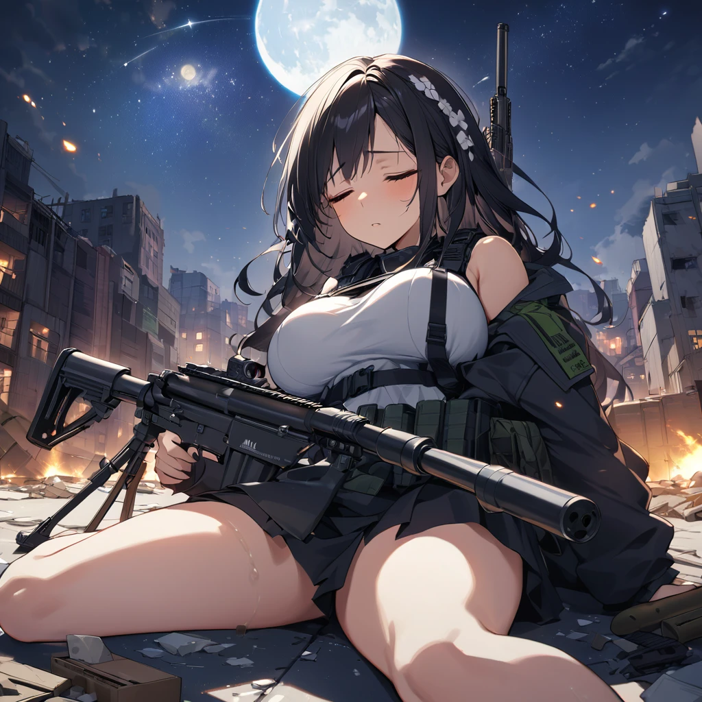 Highest quality, Highest quality, 16K, Unbelievably absurd, Very detailed, delicate and dynamic, Natural light, The particles reflect light, Diffuse reflection of light, Vortex of Light, war zone, bombs blusting around, dark outfield, ruined big city, roof top of ruined building, moon night, milky way, illumination, Create amazing image effects, Upper body close-up, (sole sexy girl, big Firm bust, , powerful, A professional sniper, exhausted, sitting and sleeping on floor with holding M16 auto rifle in arms, swat uniform,)