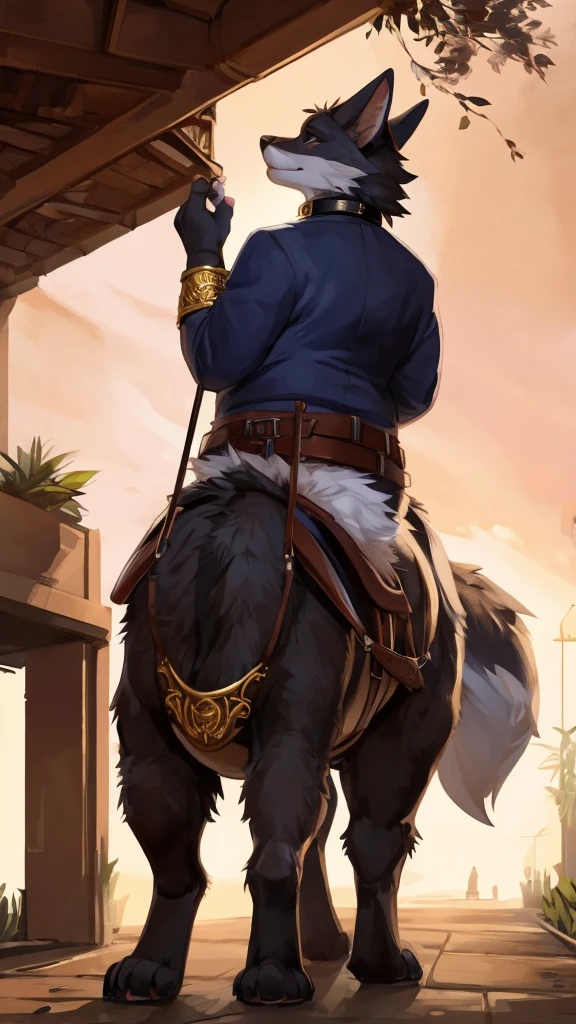 (Rear view), 4k ultra quality, 4k full body view,(ultra high detailed body),(enomorous foxtaur), detailed body,white belly fur,by mystikfox61, by glitter trap boy,feral paws, by bebebebebe,by morethreedee, by seibear,(choker),(thick thigh),(chubby thigh),thicc thigh,thick legs,chubby legs,thicc legs,massive butt,enomorous thigh,massive thigh,massive legs,enomorous legs,thick lower legs,wide legs,(detailed thigh),(wide thigh),thick butt,fluffy belly,furry belly,sharp nails,((sfw)),(ultra detailed face),detailed eyes,big tail,fluffy tail,(detailed tail),enomorous tail,bigger tail,huge tail,volumetric light,((taur)),ultra bigger lower body,big lower belly,round lower belly,big paws,(thick paws),fluffy paws,furry paws,enomorous foot paws,huge foot paws,animal focus,legendary beast,standing,enomorous lower body,strong lower body,(long legs),front view,golden bracelet,leather belts,ornate necklace,ornate belts,multiple belts,ornate saddle