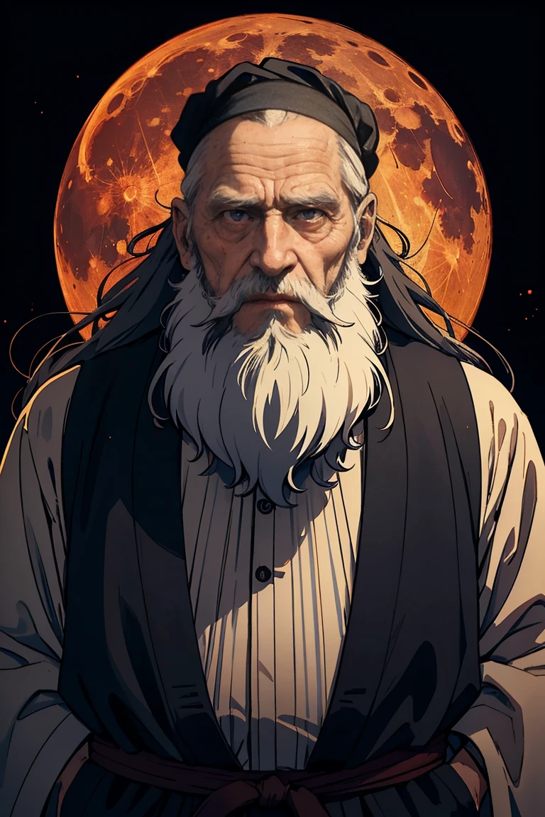 Full red moon in the background, 1man, a very old man with a long beard and old facial features with scars in his face and neck, the old man is wearing a japanese robe with his long hair ponytailed, he has his sword drawn out, you can only see a silhouette of him
