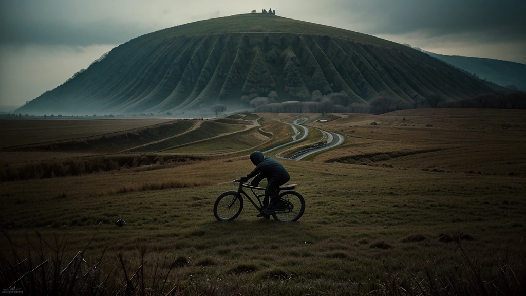 Zdzislaw Beksinski ,abstract, terrain, Horizontal image ,bicycle,person,dark,angle