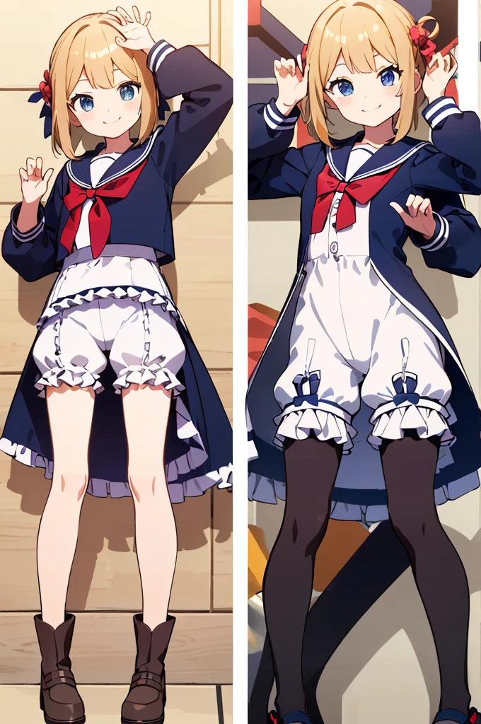 Number of primary school students, (masterpiece:1.8),(Highest quality:1.8),(Very detailed:1.8),(8k:1.8),(Ultra-fine Illustration:1.2),Random Hairstyles,Flat Chest,Long sleeve sailor suit,Butt,(Frills,Bloomers:1.5),(Pose with a smile:1.5),running,(Full body angle),, Gymnastics