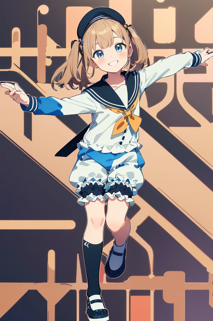 Number of primary school students, (masterpiece:1.8),(Highest quality:1.8),(Very detailed:1.8),(8k:1.8),(Ultra-fine Illustration:1.2),Random Hairstyles,Flat Chest,Long sleeve sailor suit,Butt,(Frills,Bloomers:1.5),(Pose with a smile:1.5),running,(Full body angle),, Gymnastics