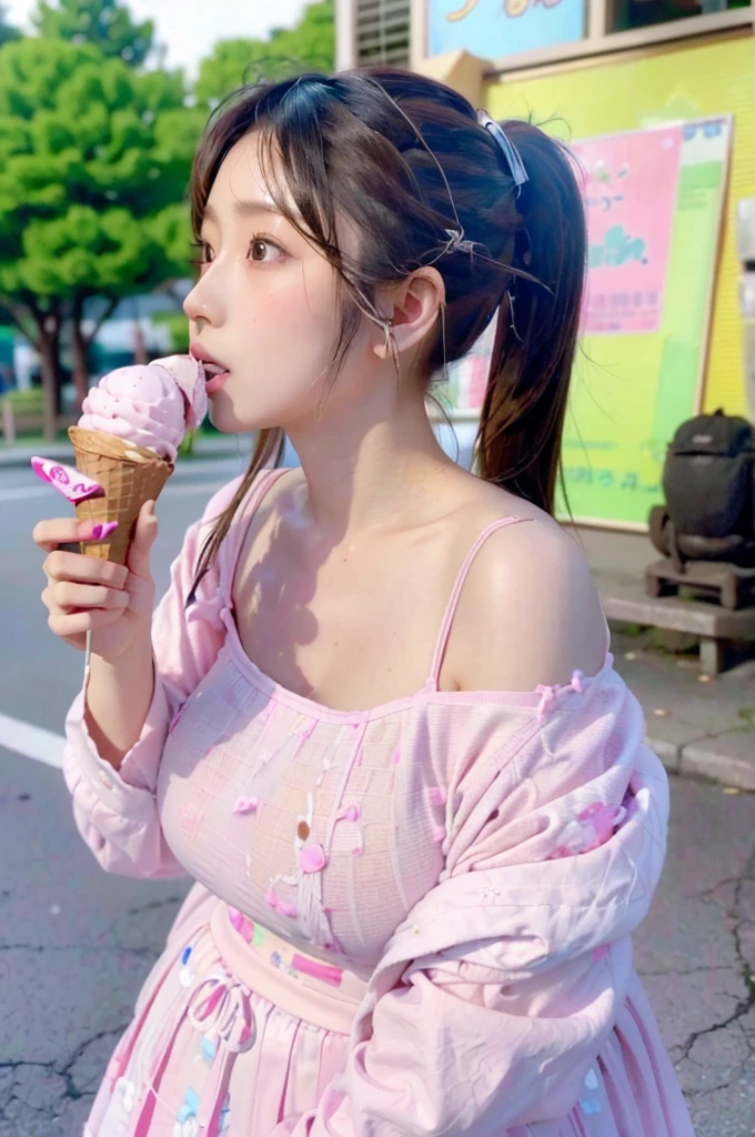 Japanese cute girl licking ice cream, (((licking ice cream))), in the street, ponytail hair, thick lips, , very young girl, (((huge breasts))), (((realistic))), (((High resolution))), (((anatomically correct)))